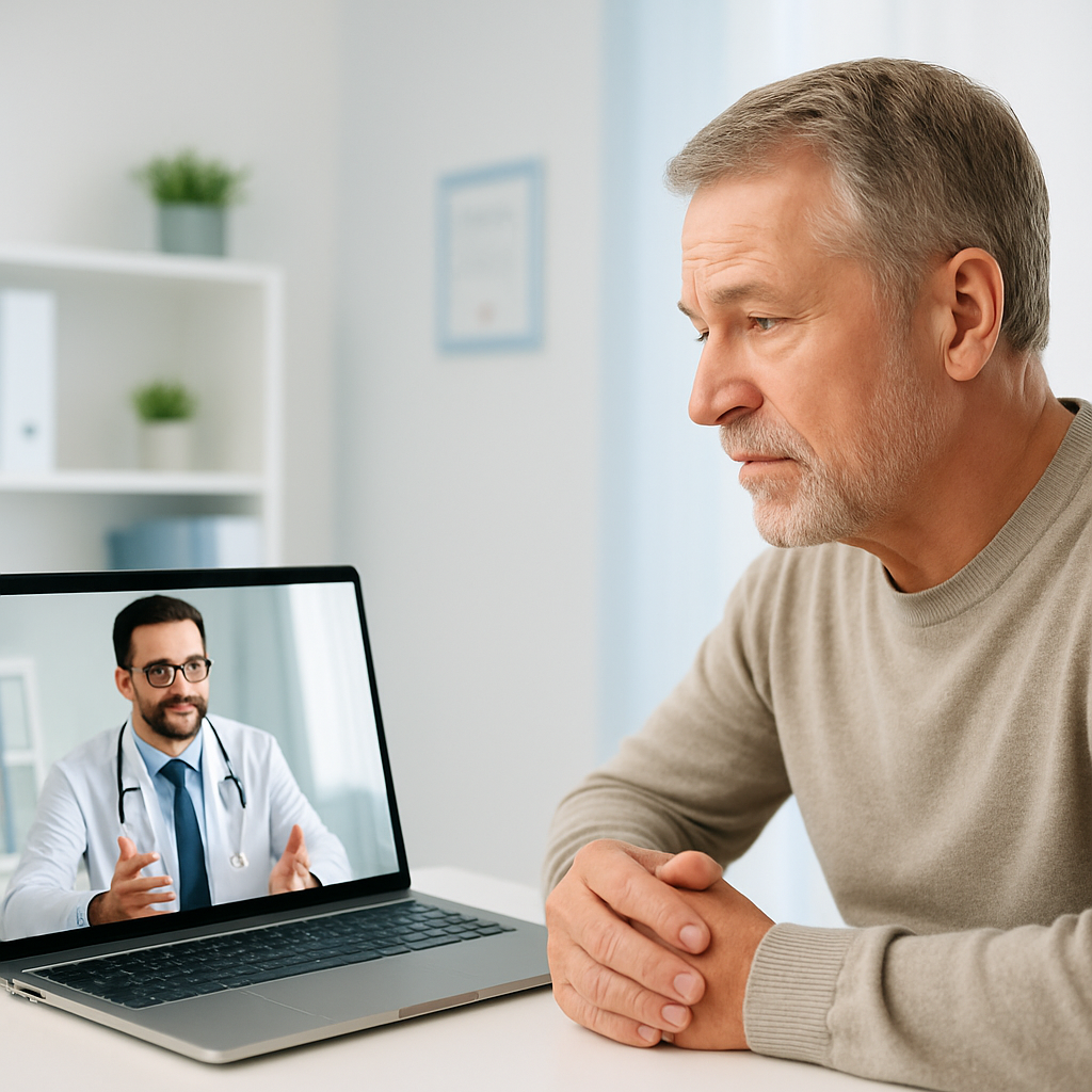 Pharmacist counseling an older man about finasteride for enlarged prostate side effects.