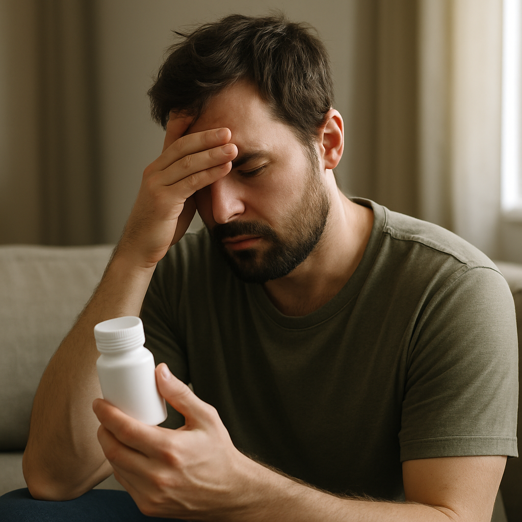 Man reading medication label while researching finasteride side effects at home.