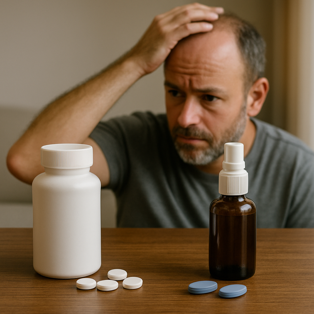 Side by side comparison of finasteride vs minoxidil pills and topical solution for treating hair loss.