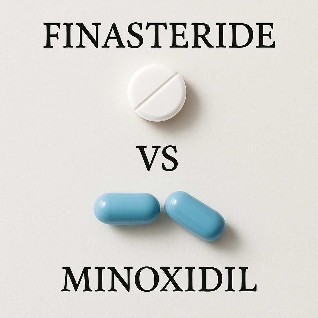 Side-by-side comparison of finasteride vs minoxidil hair loss treatments on a pharmacy counter.