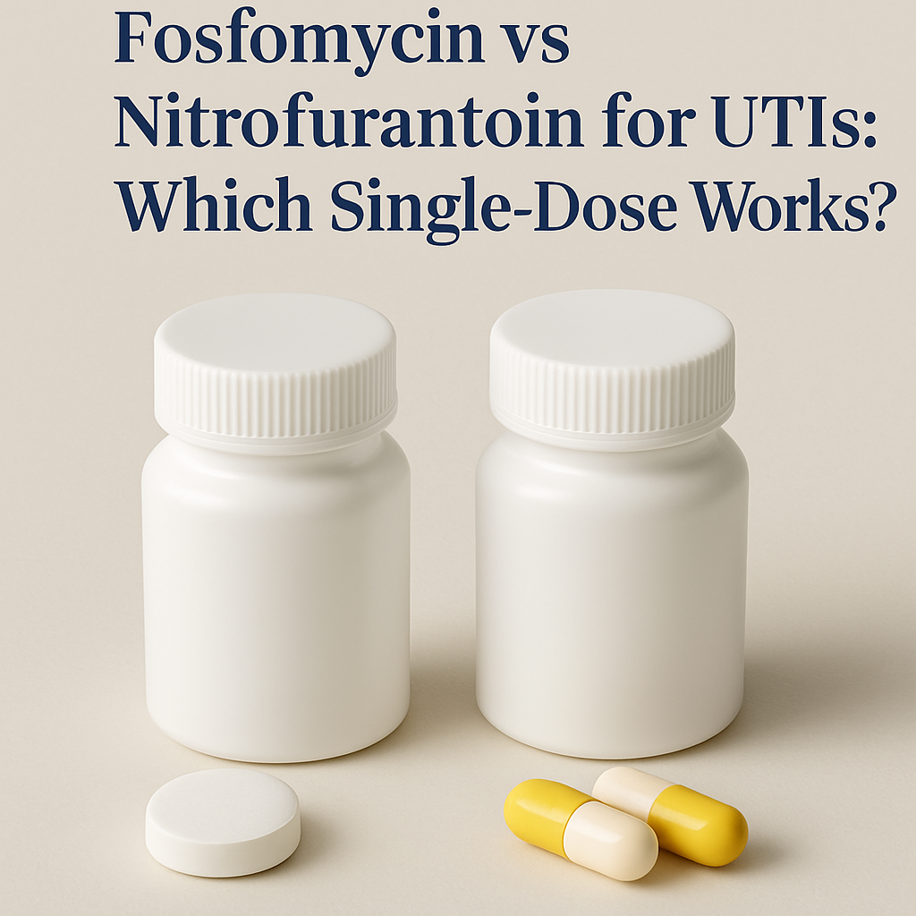 Pharmacist comparing fosfomycin vs nitrofurantoin tablets for treating a urinary tract infection.