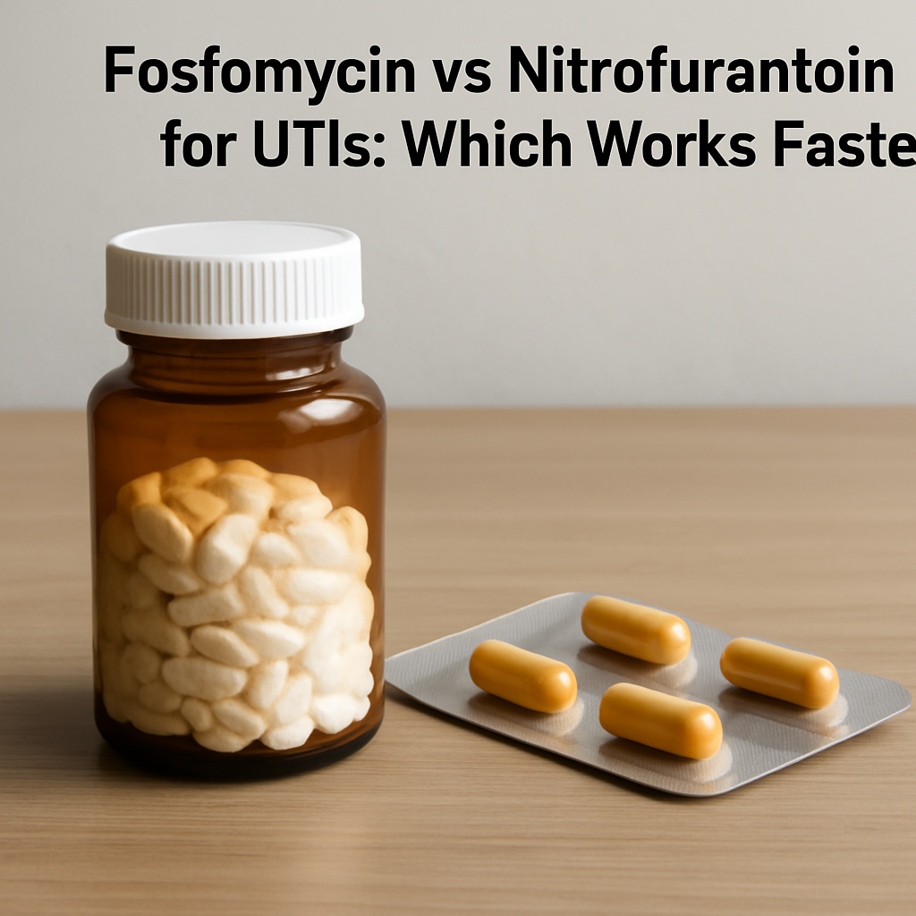 Pharmacist comparing fosfomycin vs nitrofurantoin antibiotic options for treating a urinary tract infection.