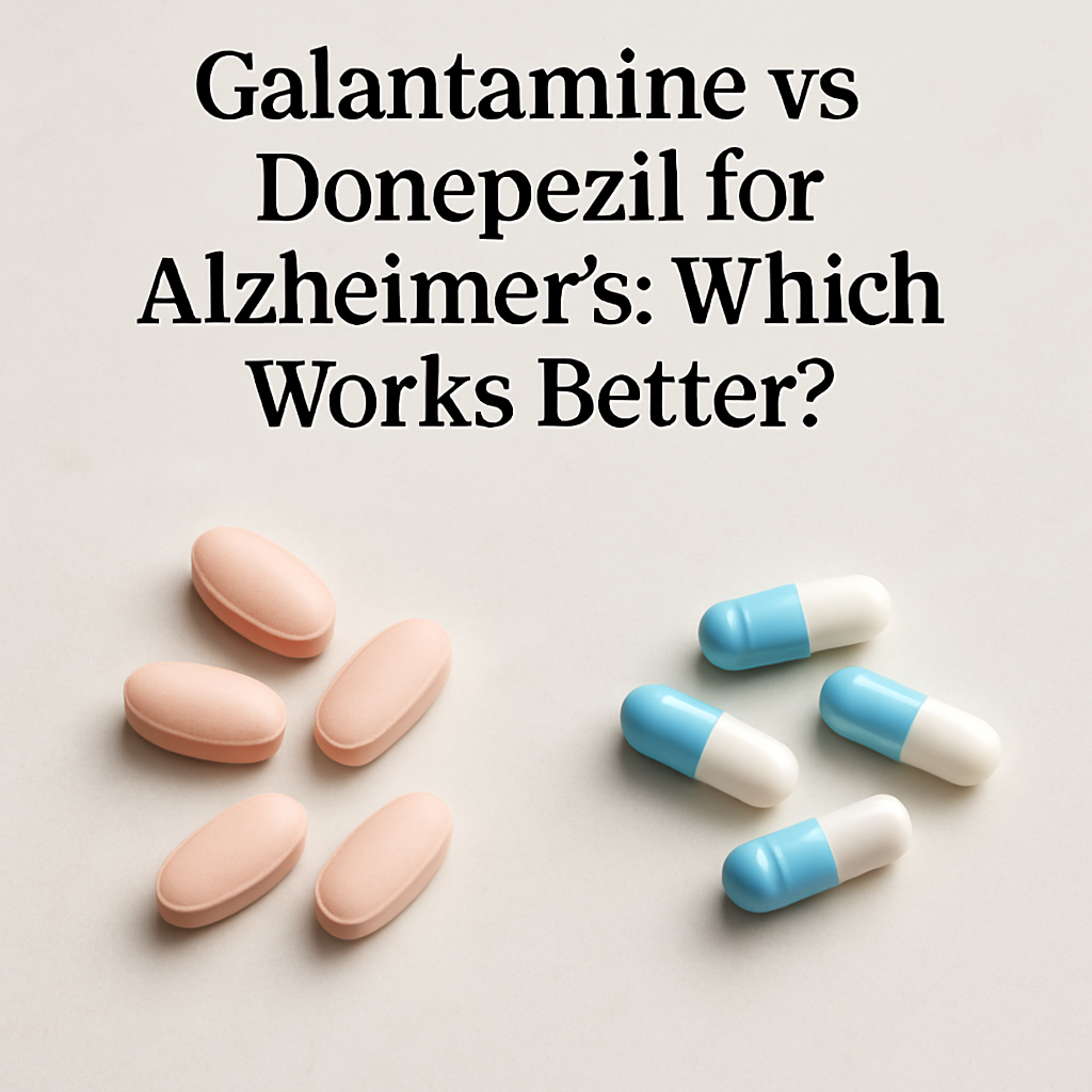 Pharmacist comparing galantamine vs donepezil tablets for Alzheimer's treatment on a counter.