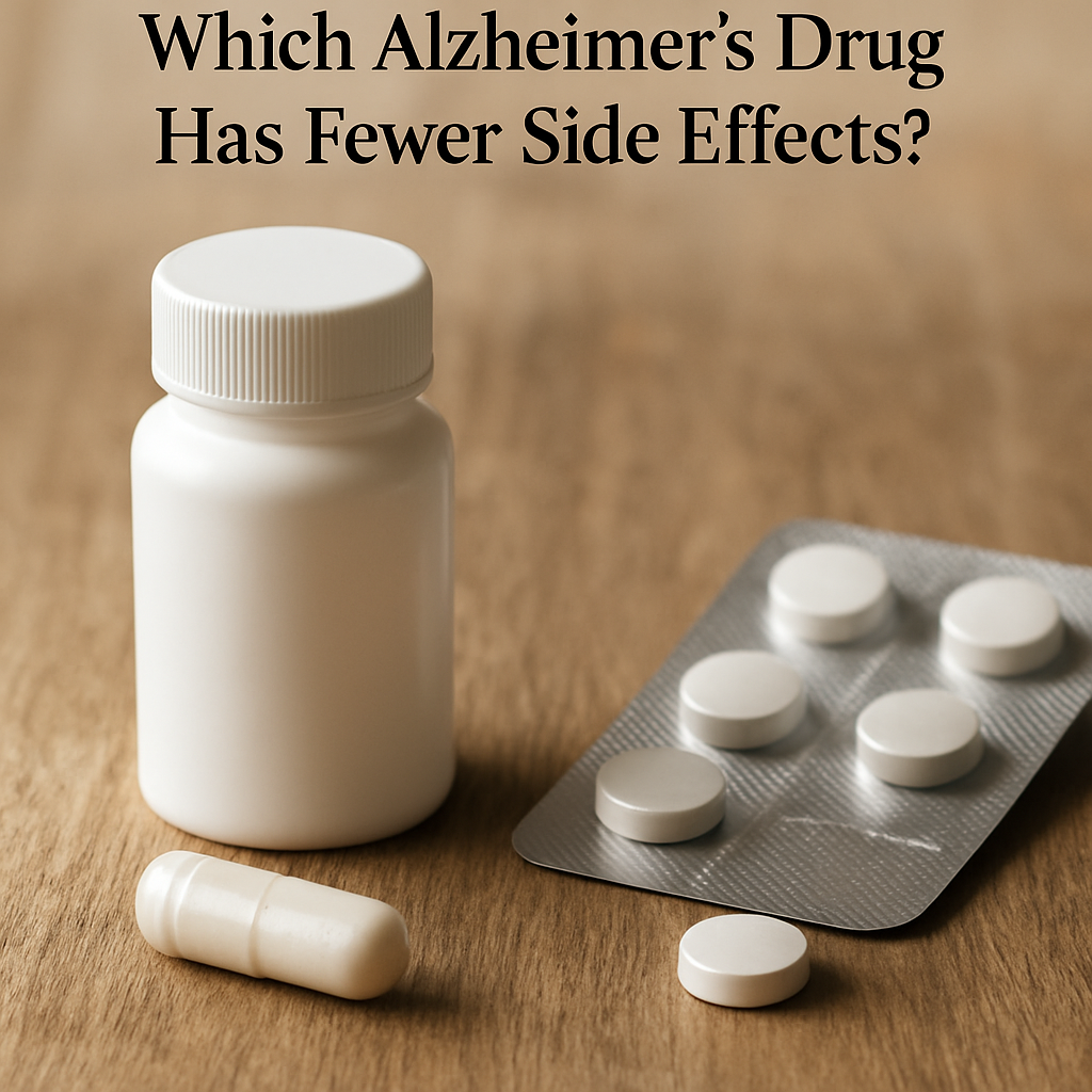 Pharmacist comparing galantamine vs donepezil tablets for Alzheimer's disease side effect counseling.