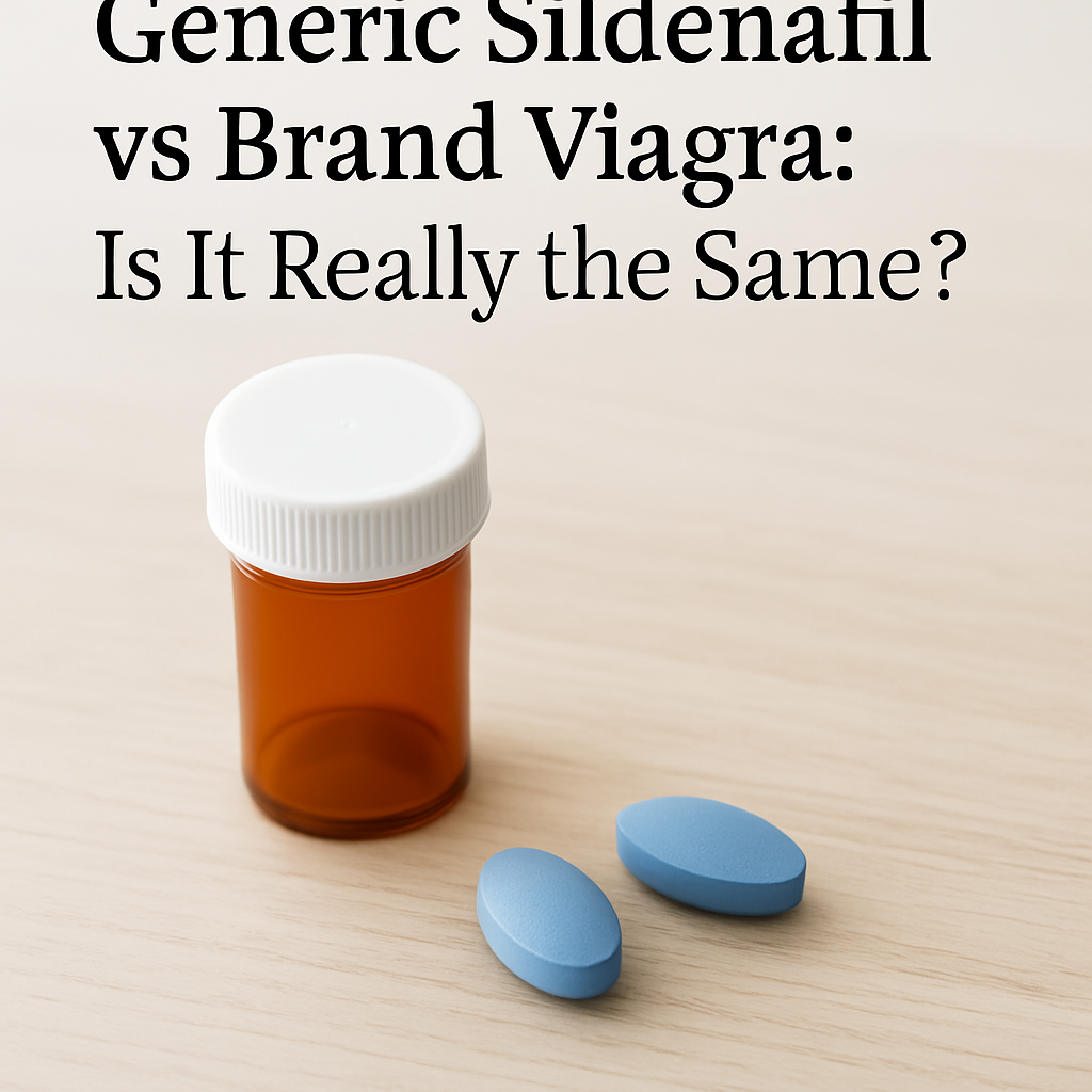 Generic sildenafil tablets next to a brand Viagra pill on a pharmacy counter.