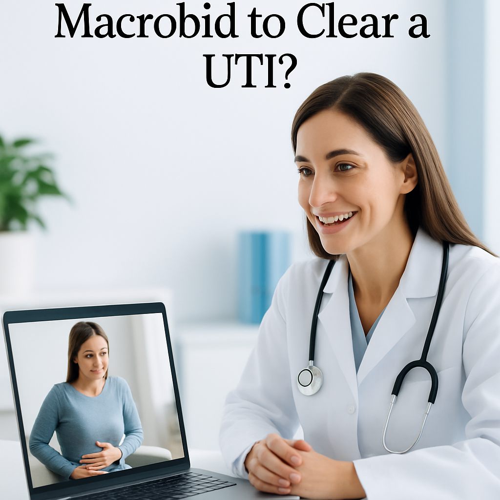 Macrobid for UTI capsules next to a glass of water on a bedside table.