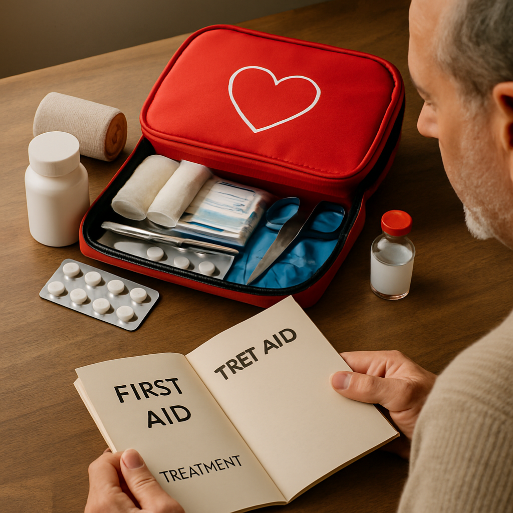 A labeled heart attack emergency kit at home with aspirin, nitroglycerin, and emergency contact card laid out on a kitchen counter.