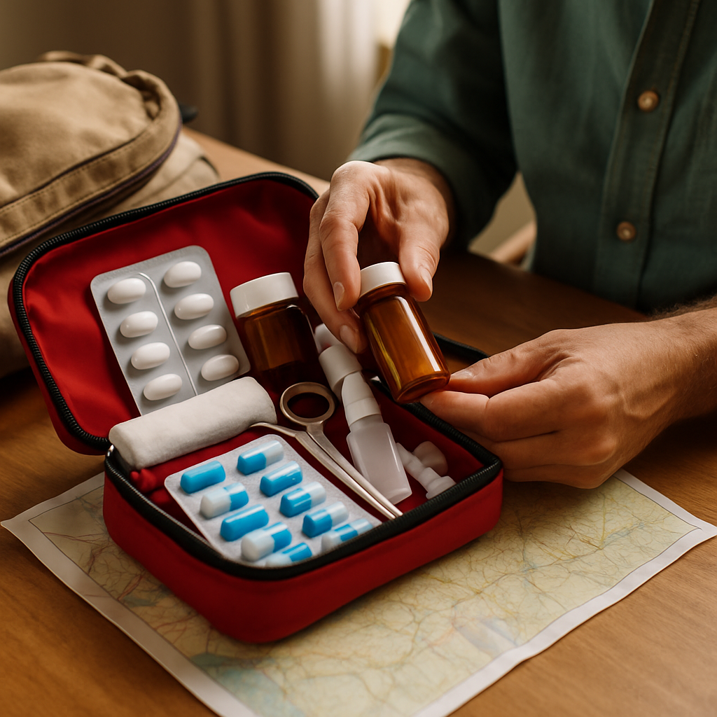 Organized travel emergency medication kit with labeled prescription bottles, antihistamines, and first-aid supplies in a clear pouch.