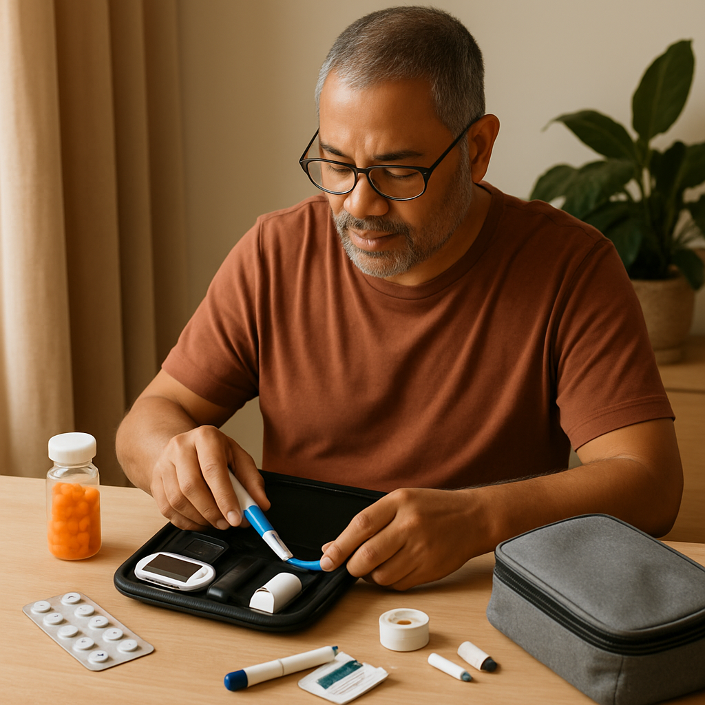Man with glasses at a table organizing diabetes management supplies (glucose meter, test strips, lancet device, pills) on a black case with a gray pouch nearby