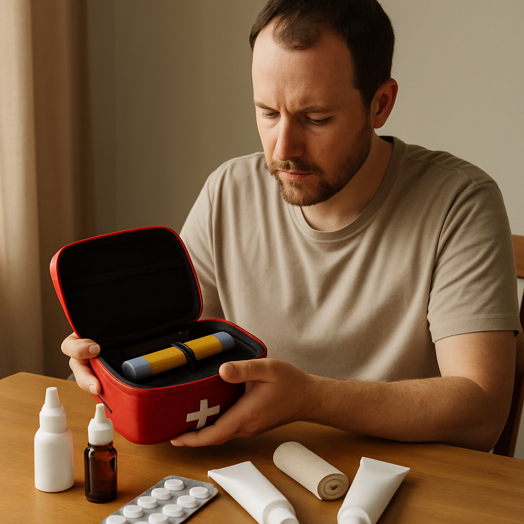 A well-organized allergic reaction kit containing epinephrine auto-injectors, antihistamines, and emergency supplies laid out on a table.