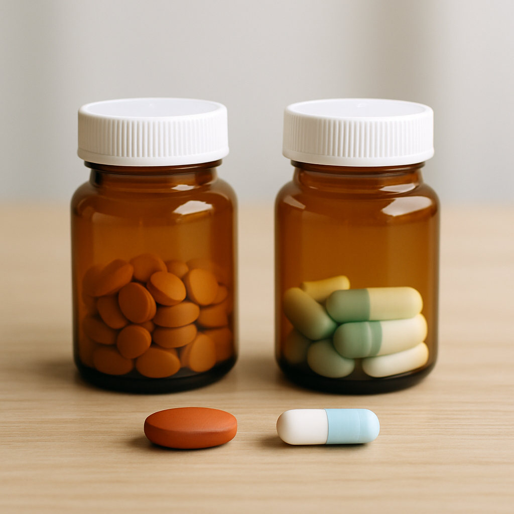 Bottles of ibuprofen vs acetaminophen tablets on a pharmacy counter for pain relief comparison.