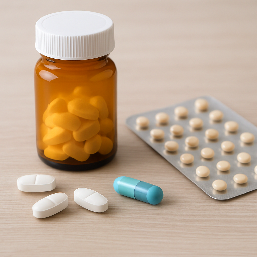 Levothyroxine and birth control pills shown side by side on a pharmacy counter.