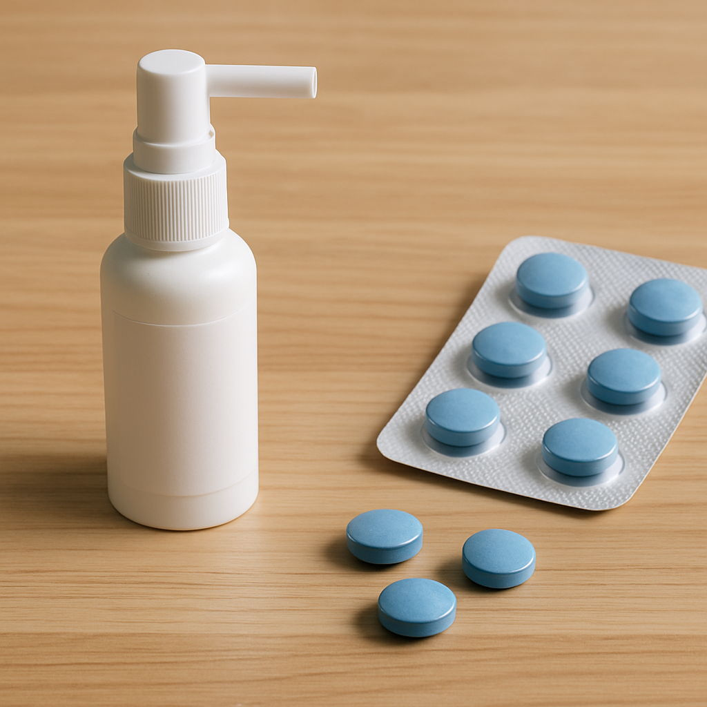 Bottle of lidocaine spray vs dapoxetine tablets compared side by side for premature ejaculation treatment.