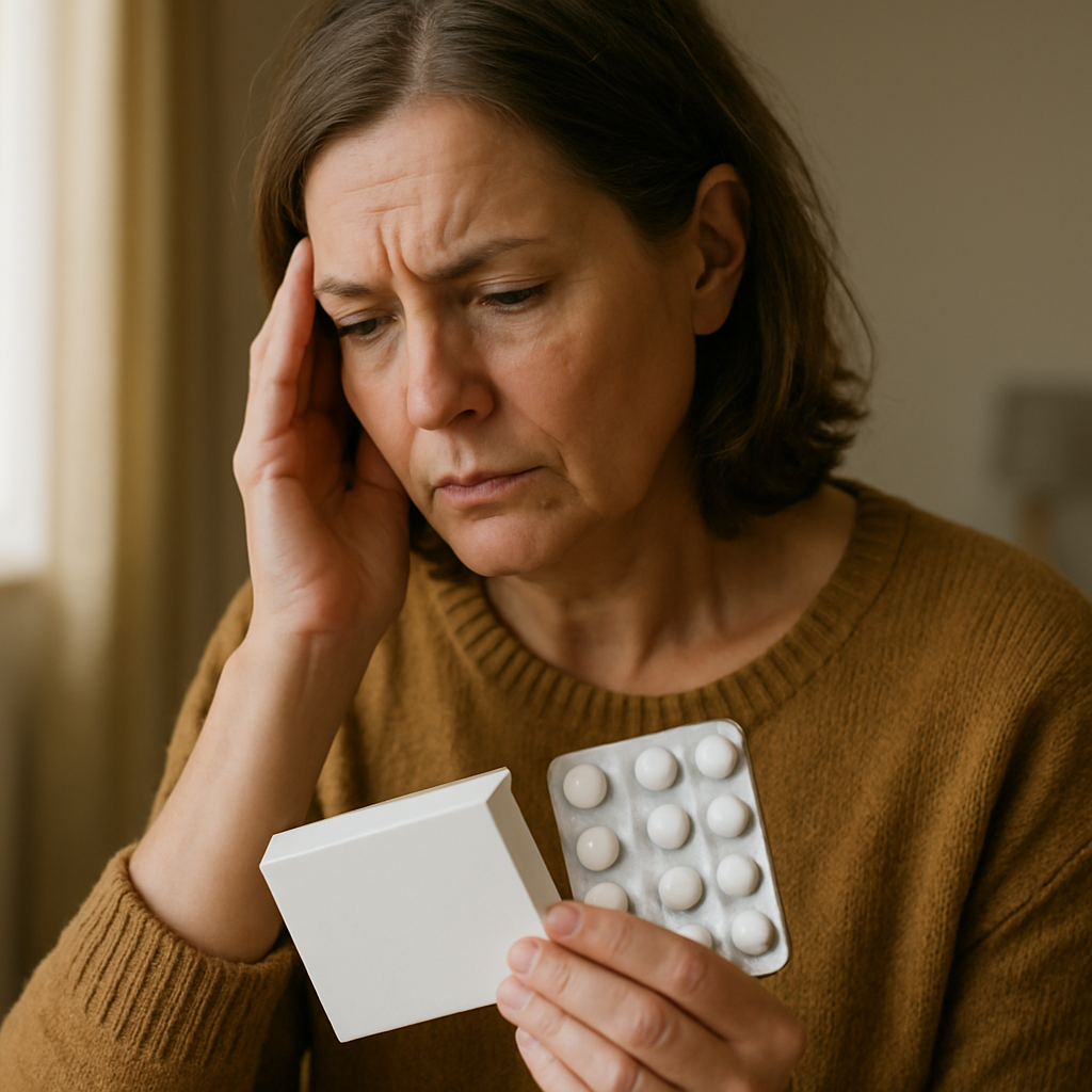 Pharmacist explaining loratadine side effects to a patient holding an allergy medication box.