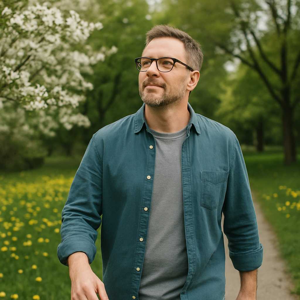 Man with glasses wearing a teal shirt and gray tee, walking along a park path with green trees and yellow flowers in the background.