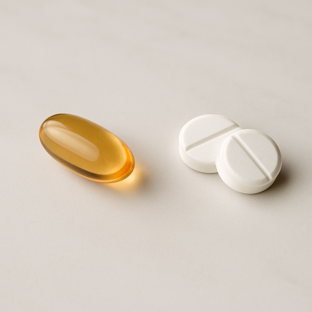 Orange translucent capsule next to two white round tablets on a beige surface, suggesting medication or supplement
