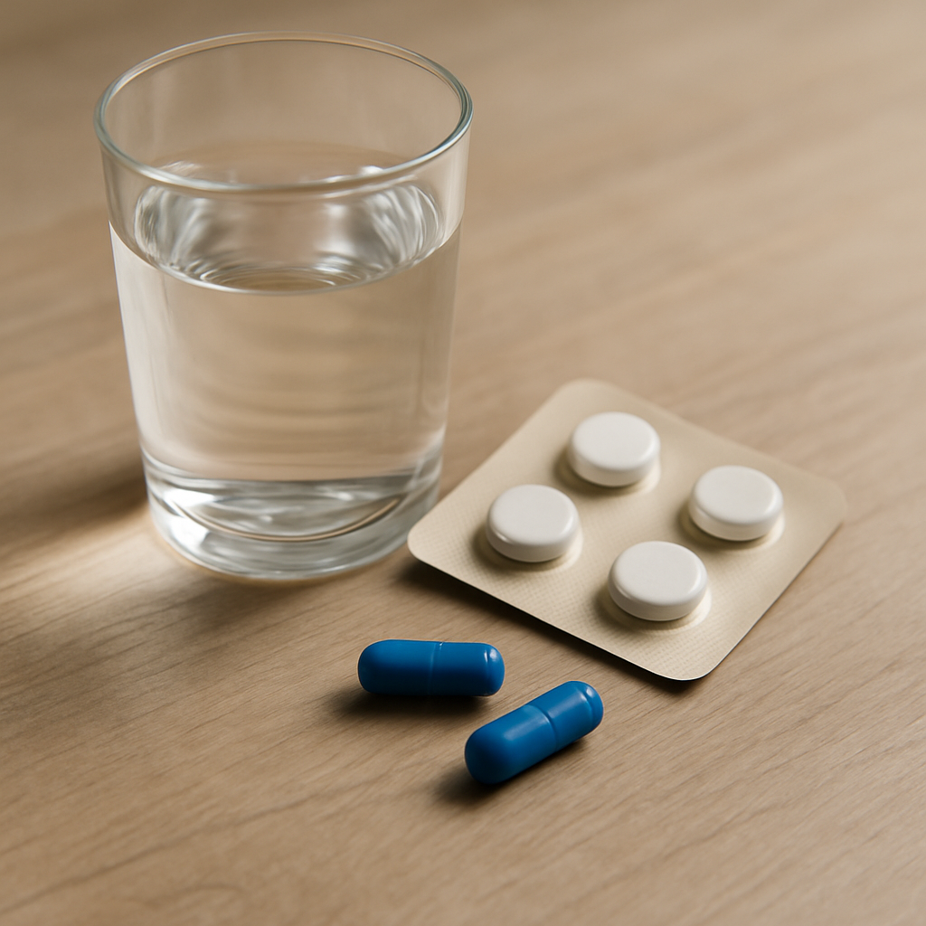 Glass of water beside a blister pack of white tablets and two blue capsules on a wooden surface.