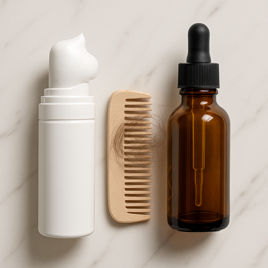 Side-by-side comparison of minoxidil foam vs liquid bottles used for hair regrowth treatment.