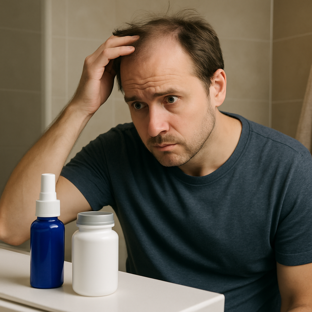 Side-by-side comparison of minoxidil vs finasteride bottles for hair loss treatment.