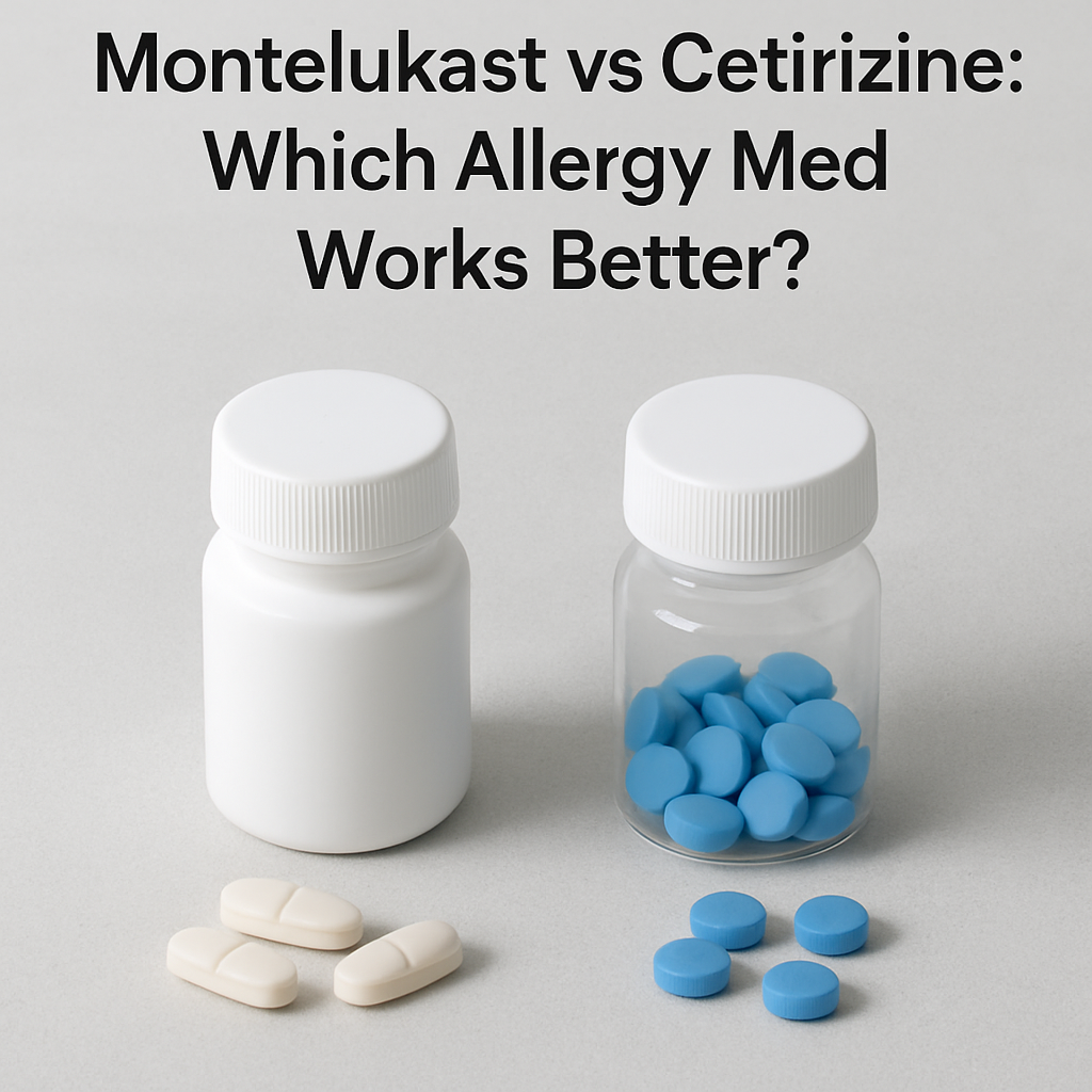 'Montelukast vs Cetirizine: Which Allergy Med Works Better?' heading above two pill bottles—one white, one clear with blue pills.