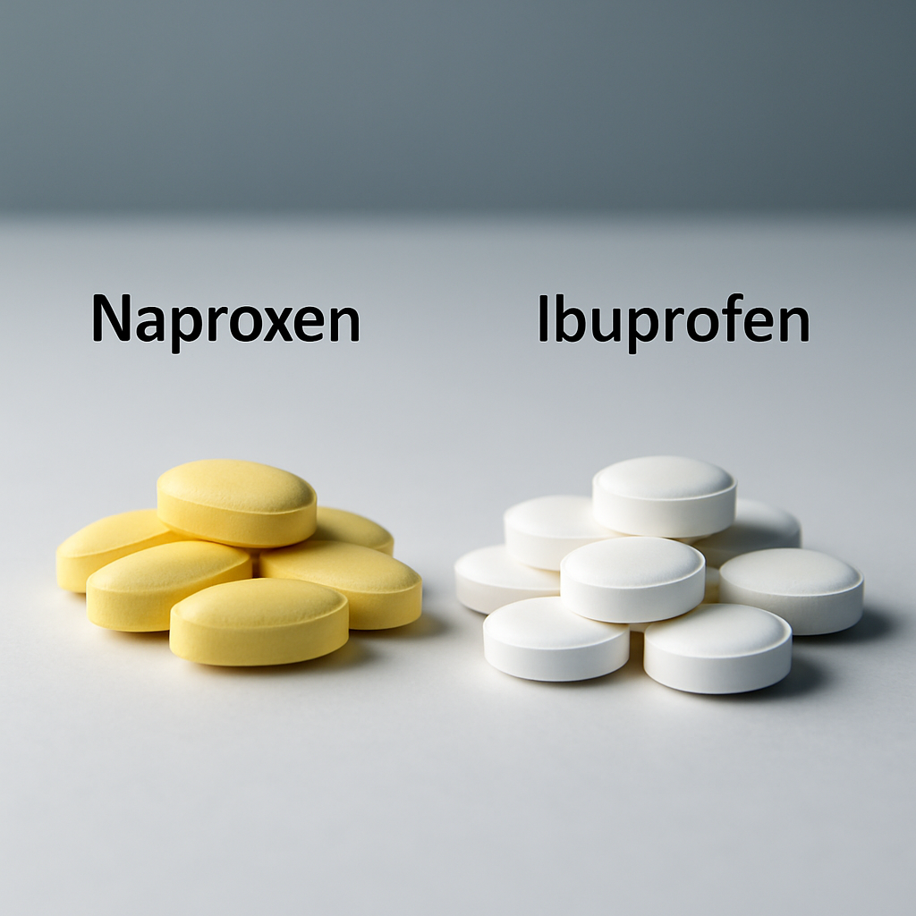 Bottles of naproxen vs ibuprofen tablets compared for long-term safety.