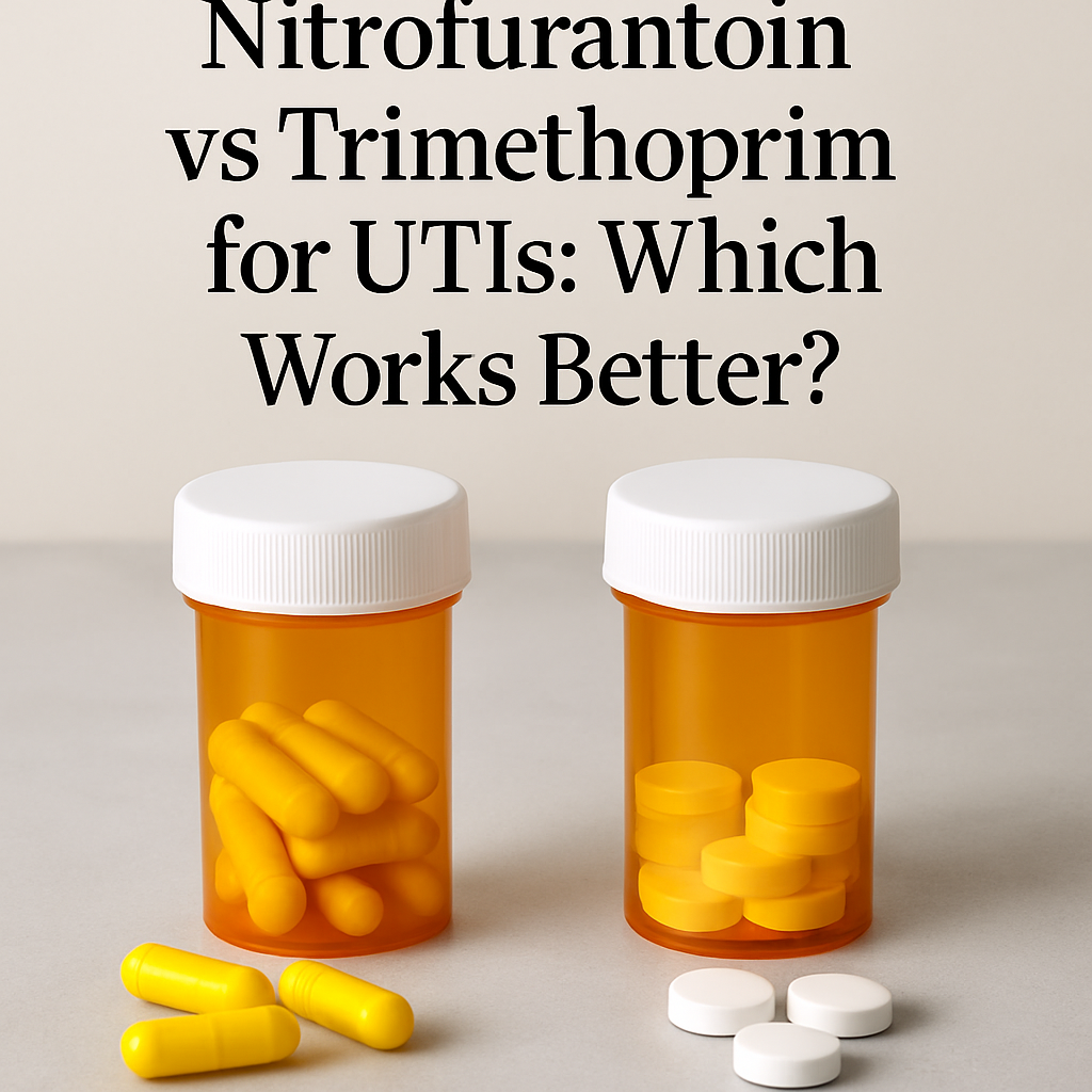 Two orange pill bottles with yellow capsules and tablets on a light surface, above them the text: 'Nitrofurantoin vs Trimethoprim for UTIs: Which Works Better?'