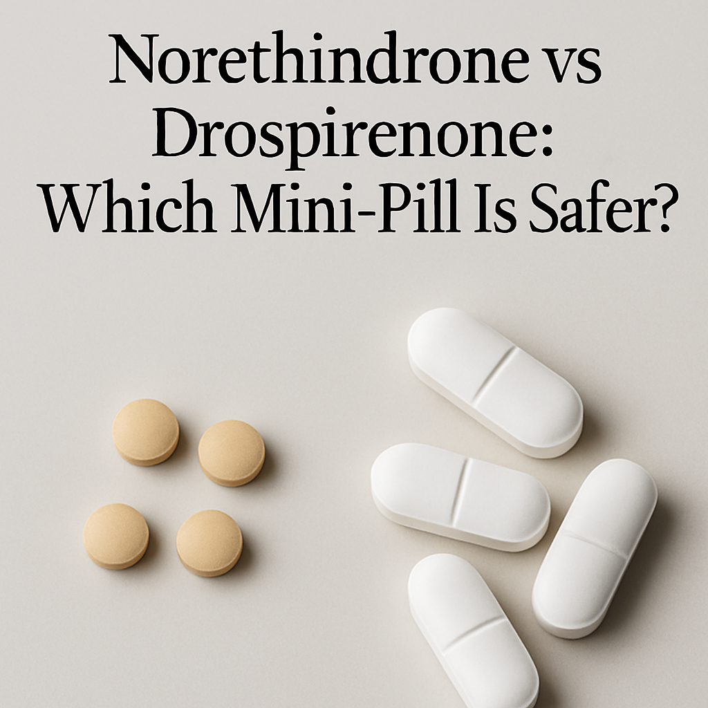 Pharmacist comparing norethindrone vs drospirenone mini-pill packets on a counter.