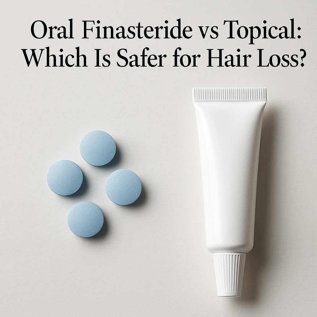 Bottle and dropper comparing oral finasteride vs topical formulations for hair loss treatment.