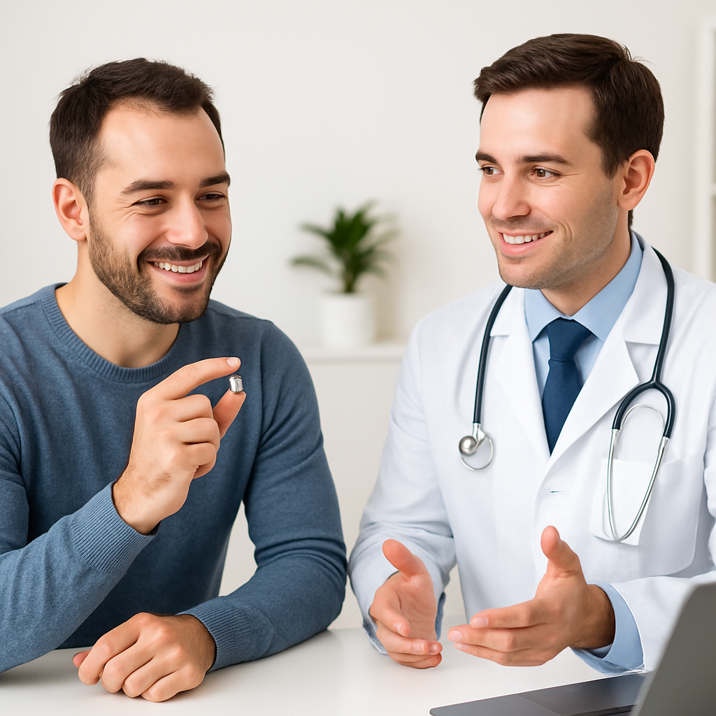 Doctor and patient discuss medication; patient holds a small pill between his fingers while the doctor explains.