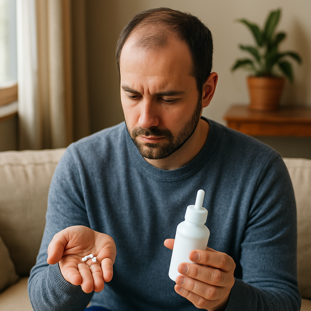 Comparison of oral minoxidil vs topical minoxidil bottles for hair loss treatment on a bathroom counter.