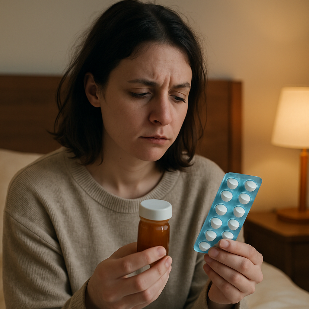 Ramelteon vs melatonin tablets shown side by side on a nightstand next to an alarm clock.