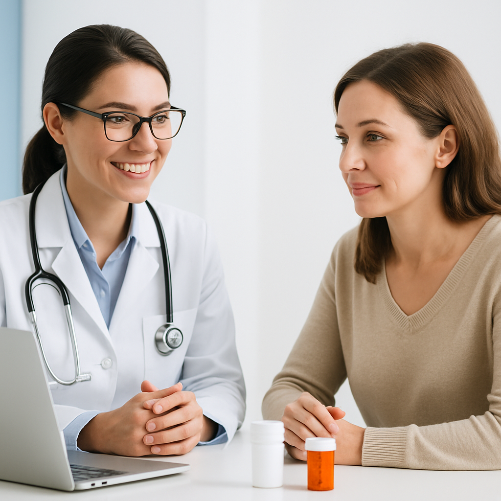 Female doctor wearing a white coat and stethoscope chats with a patient at a desk; laptop and pill bottles on the table.