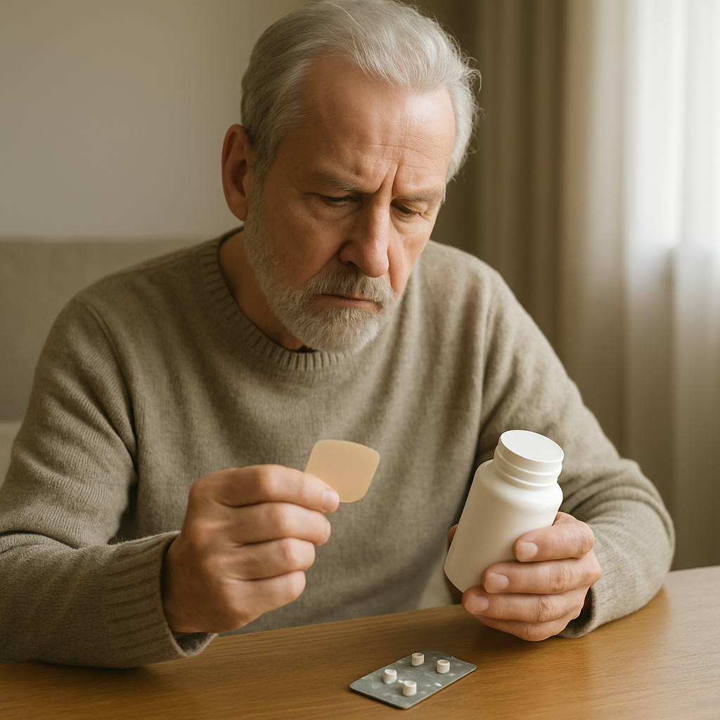 Caregiver applying a rivastigmine patch vs pill option on a table for Alzheimer's treatment.