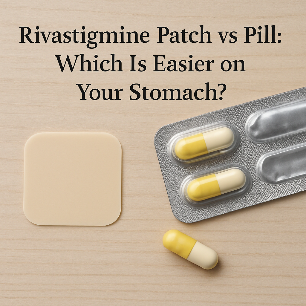 Headline image comparing Rivastigmine patch vs pill and stomach tolerance; shows pills, patch, and blister pack on a wooden background.