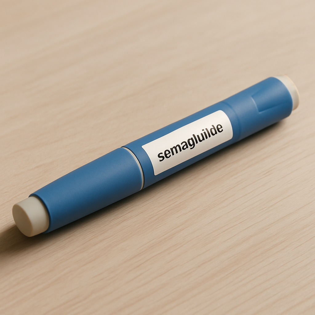 Blue lip balm tube on a light wooden surface with a white label reading 'semagl uide' (text on label)