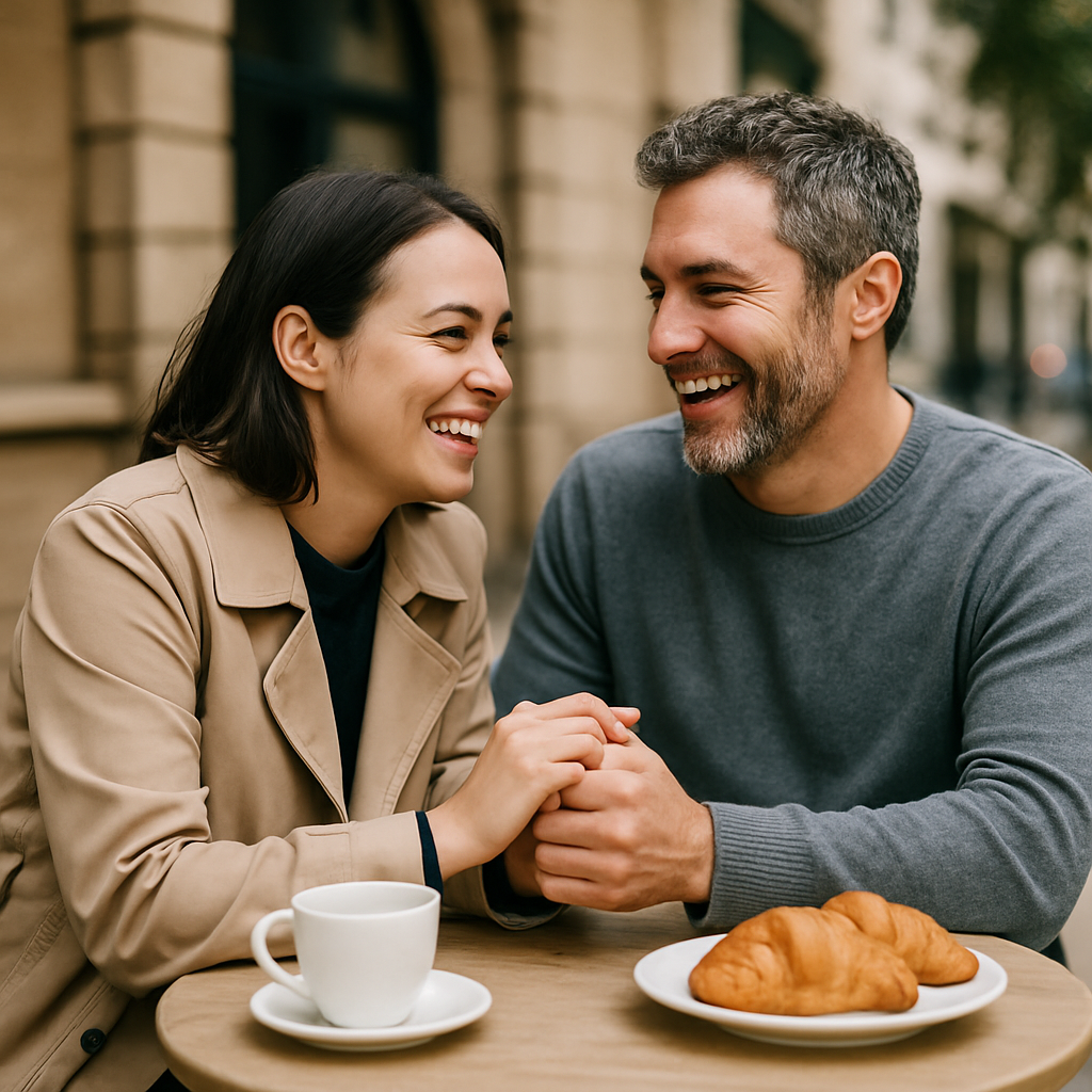 A couple smiling and holding hands at an outdoor cafe table, with a cup of coffee and croissants nearby.