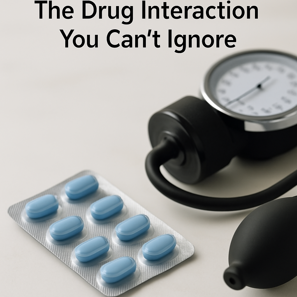 Pharmacist explaining the sildenafil and nitrates drug interaction warning to a patient at the pharmacy counter.