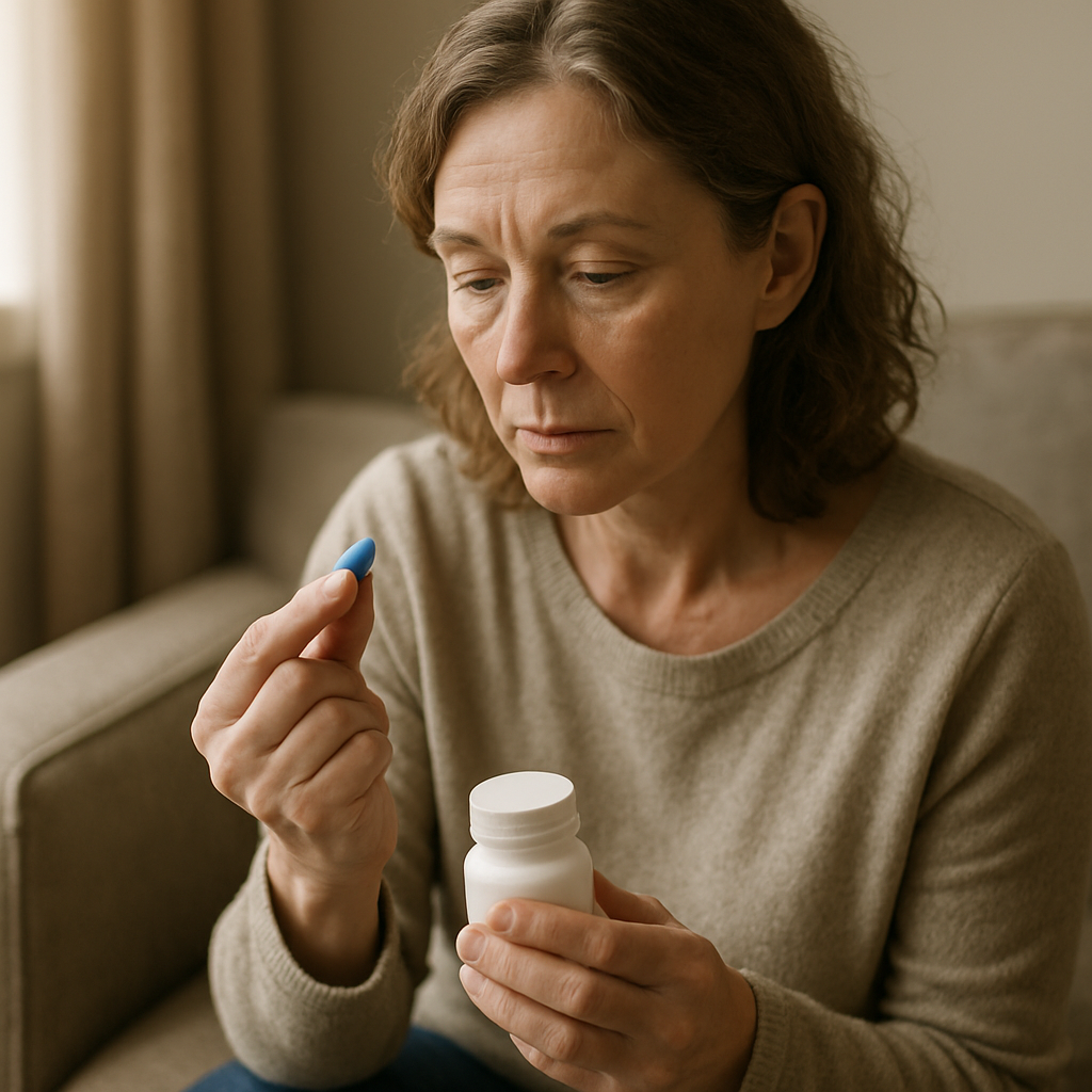 A woman researching sildenafil for women and female arousal treatment options on her laptop.