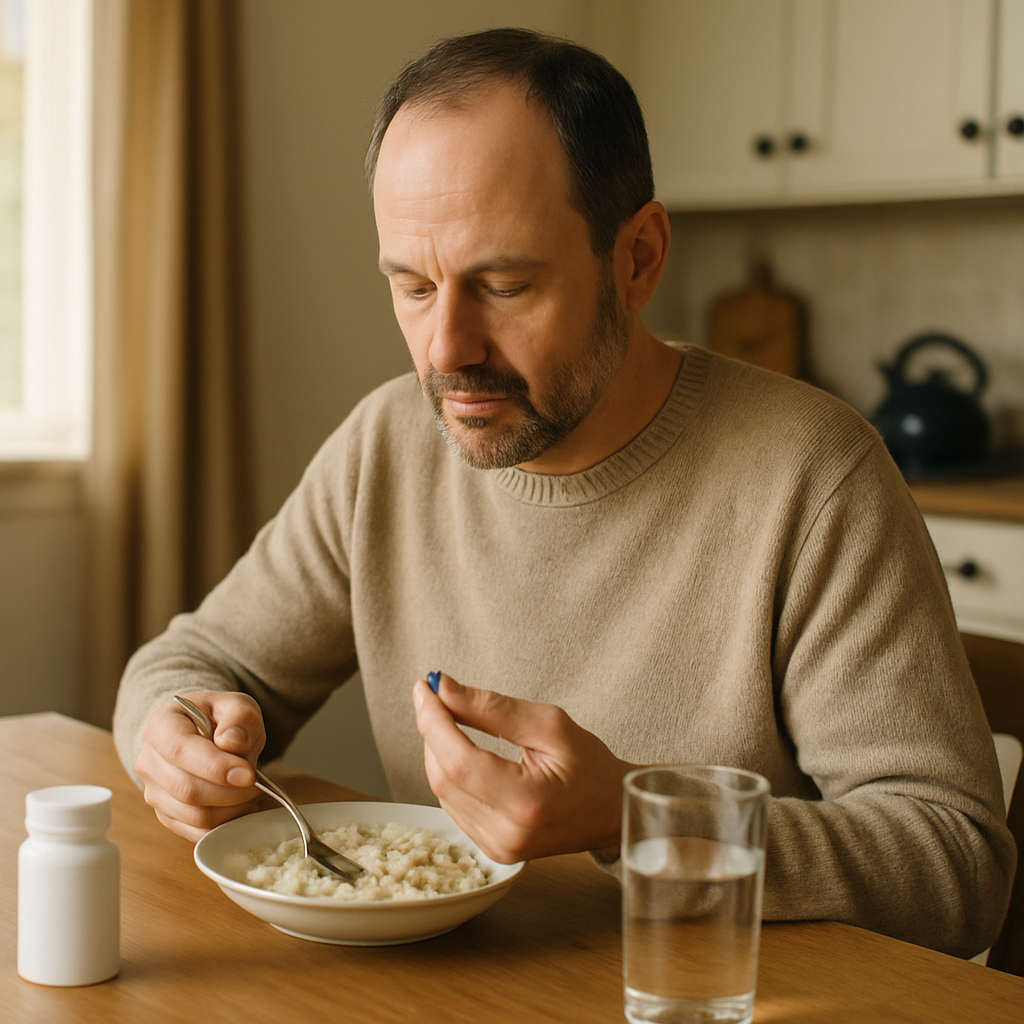 A glass of water next to a blue pill, illustrating how taking sildenafil on an empty stomach affects absorption.