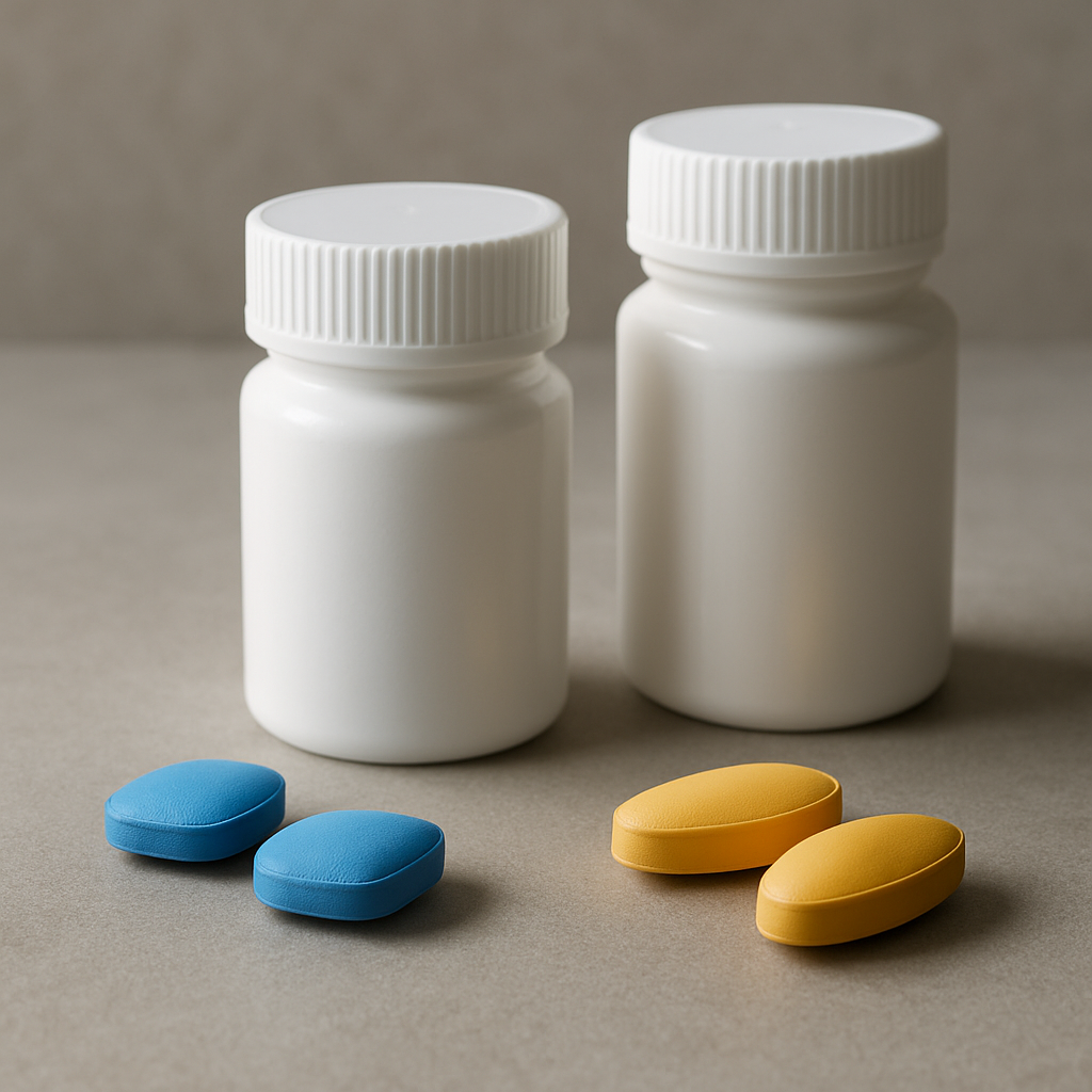 Pill bottles comparing sildenafil vs tadalafil for daily use safety