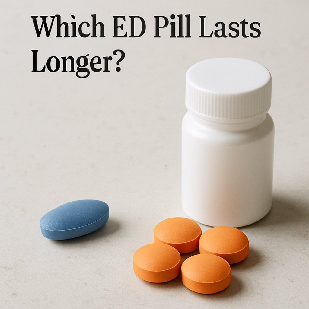 Sildenafil vs vardenafil tablets compared side by side on a pharmacy counter for ED treatment duration.