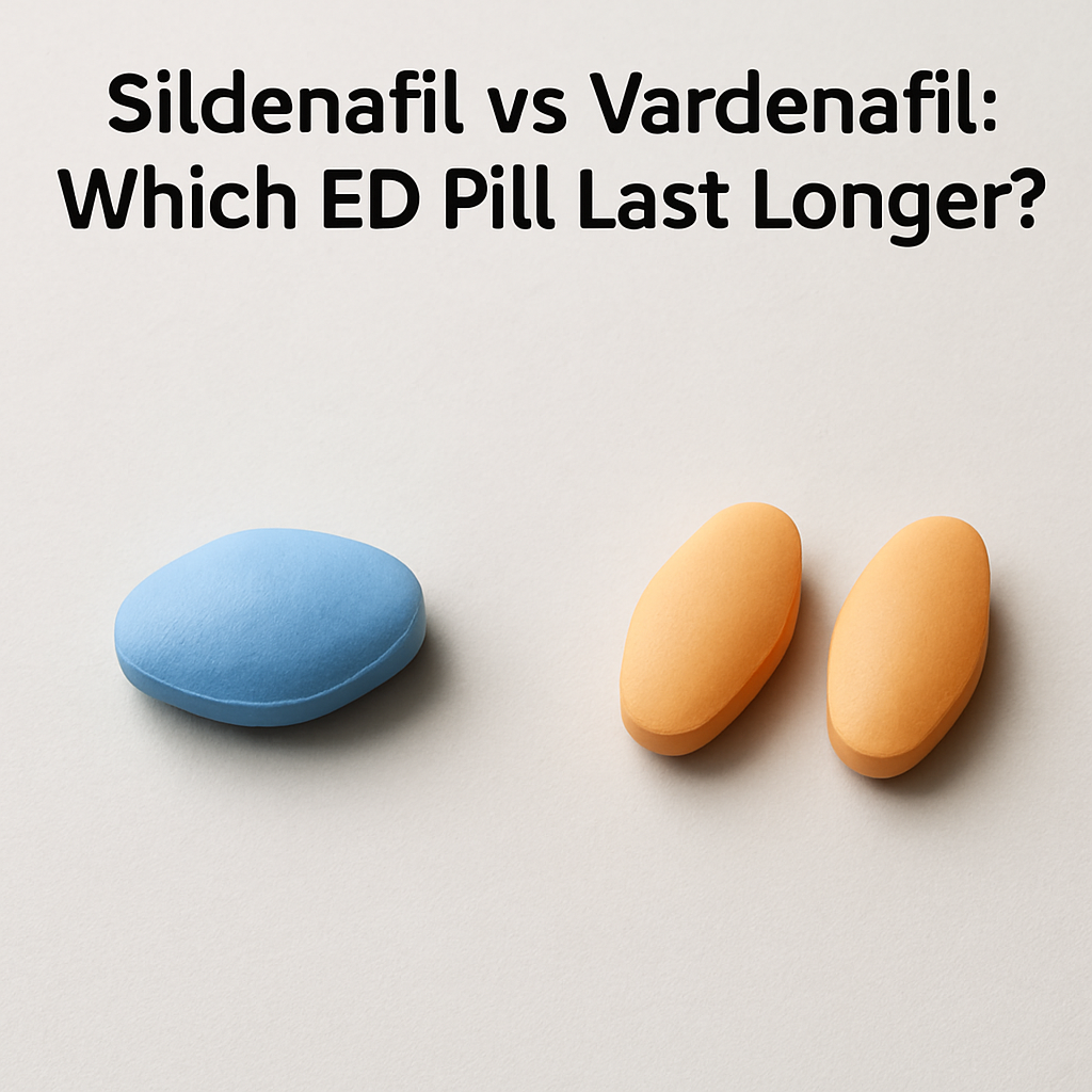 Two ED tablets side by side illustrating a sildenafil vs vardenafil comparison.