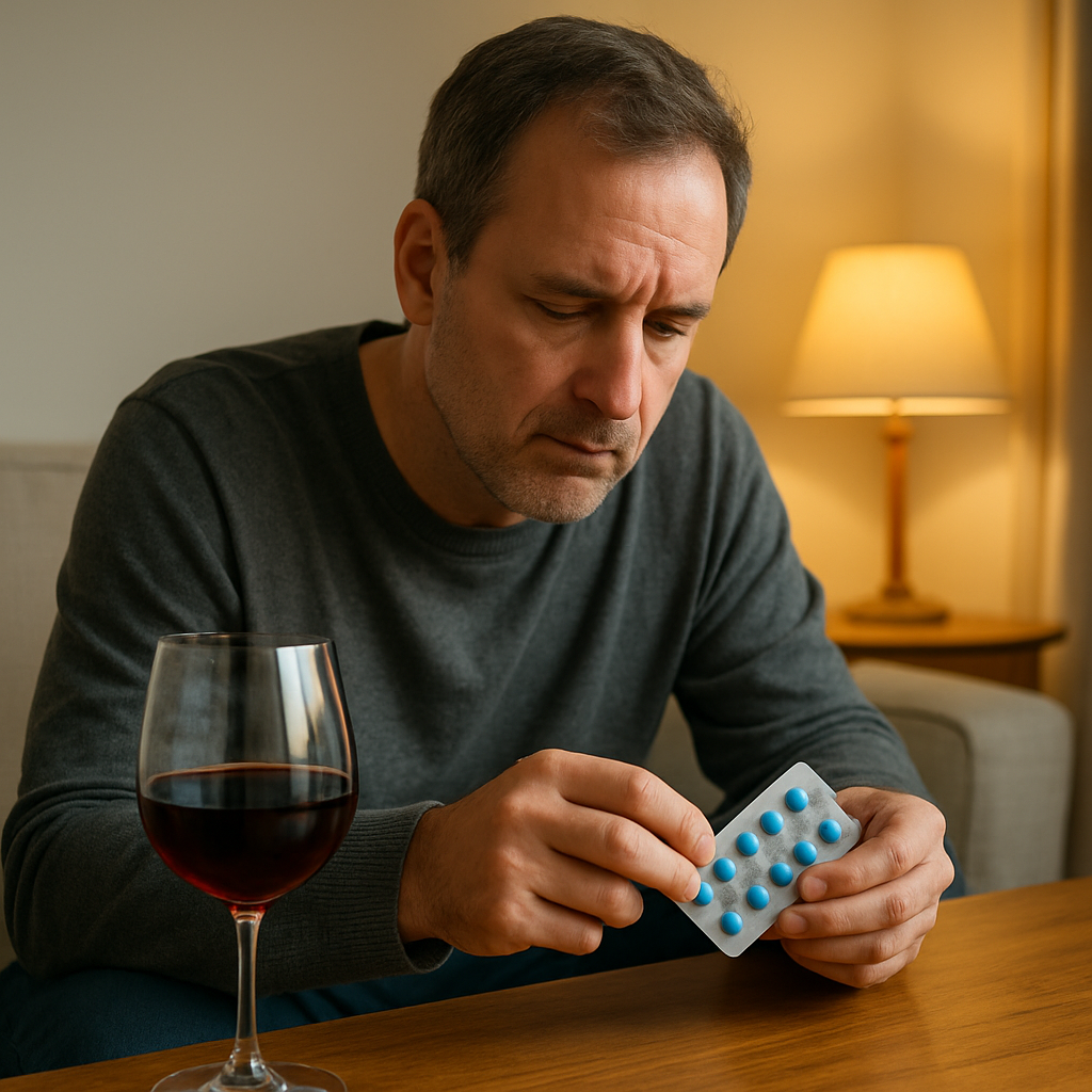 Man in a gray sweater sits at a table, inspecting a blister pack of blue pills beside a glass of red wine.