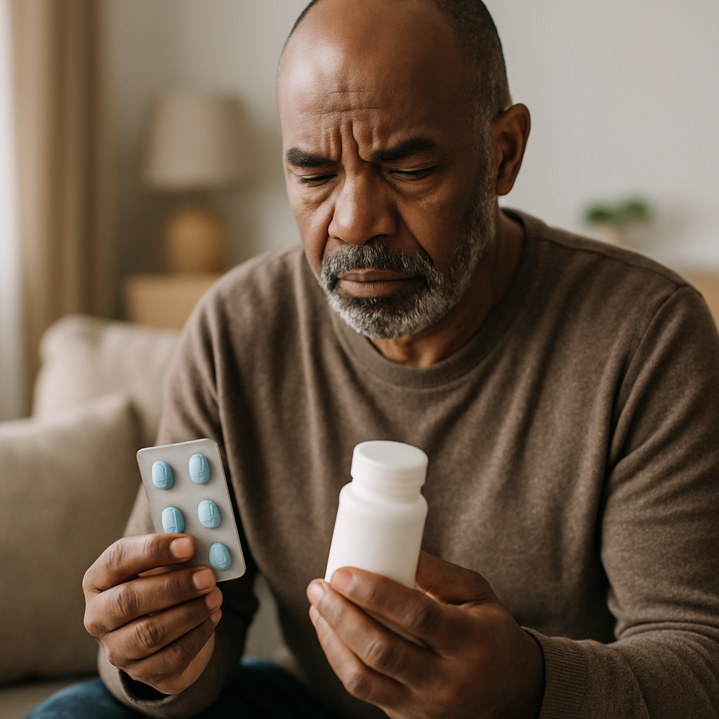 Warning label illustrating the dangers of taking sildenafil with nitrates for heart patients.