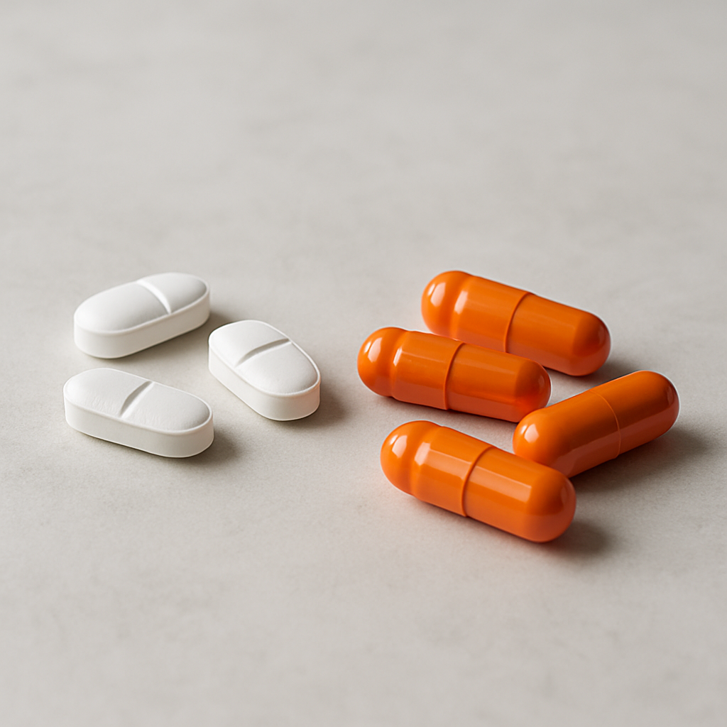Pharmacist comparing silodosin vs tamsulosin capsules for BPH treatment on a counter.