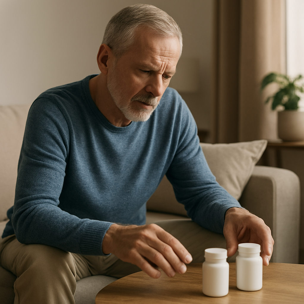 Older man sits on a couch examining two white pill bottles on a wooden table, planning his medication.