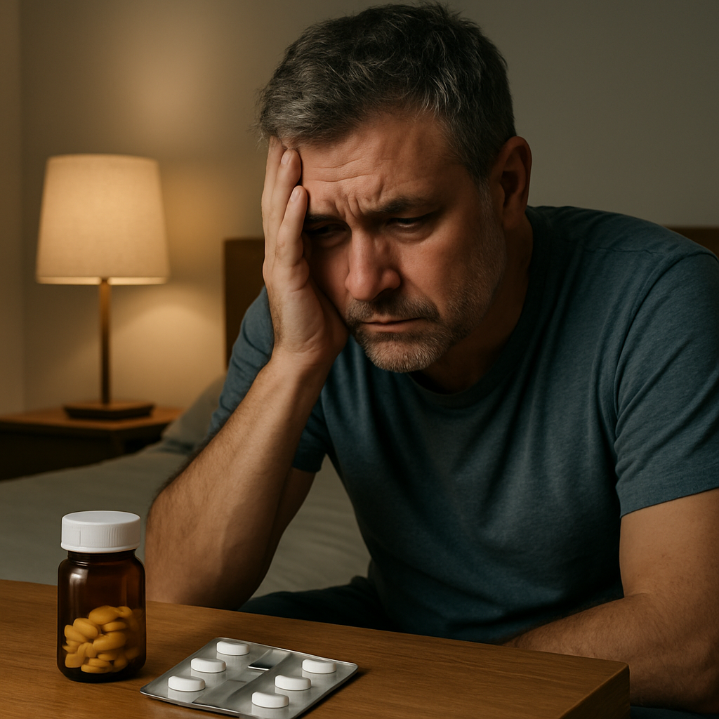 Two prescription sleep medication bottles representing suvorexant vs zolpidem on a nightstand.
