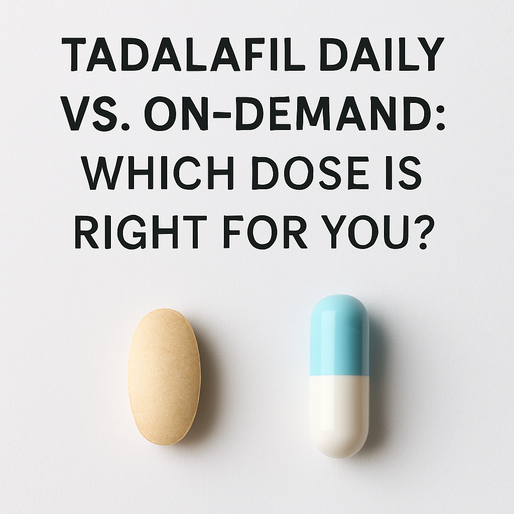 Pill bottle and calendar illustrating tadalafil daily vs on-demand dosing options for ED treatment.