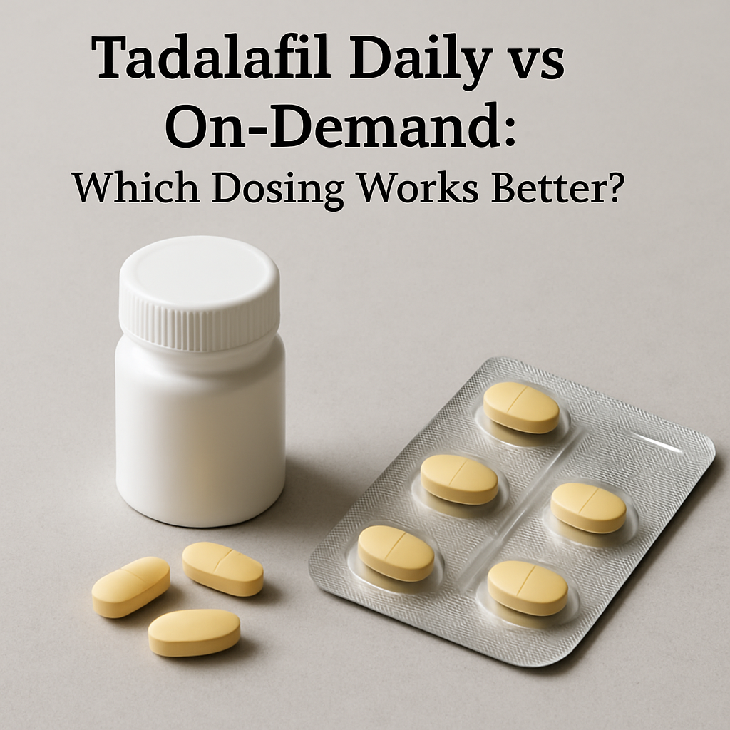 Pill bottle and calendar illustrating tadalafil daily vs on-demand dosing schedules for ED treatment.