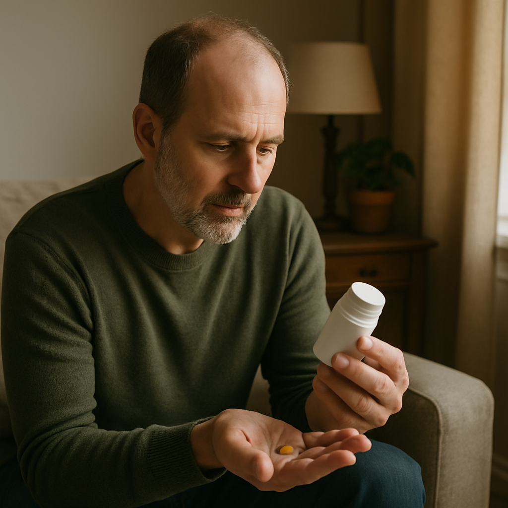 A daily tablet of tadalafil for BPH and ED sitting next to a glass of water on a bathroom counter.